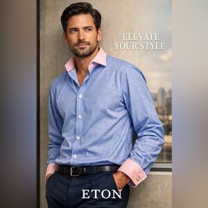 Eton Contemporary Blue Gingham Shirt Pink Contrast Collar Sz 39 EUC 100% Cotton